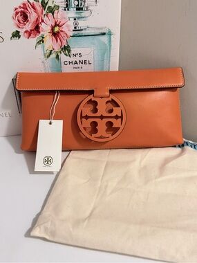 Tory Burch Orange Leather Logo Clutch